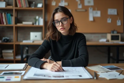 Étudiante en photographie révisant son dossier d'admission parallèle aux Gobelins Paris dans un studio d'art