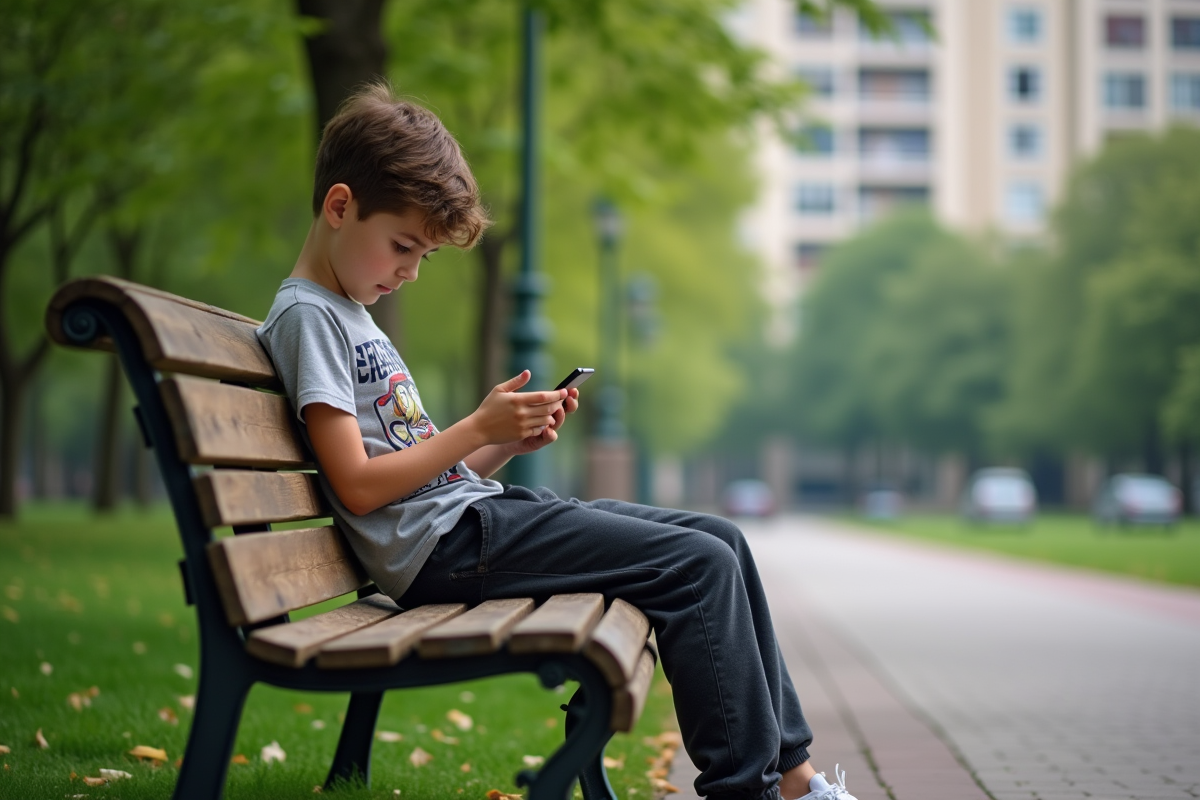 Adolescent assis sur un banc de parc en train de scroller sur son smartphone