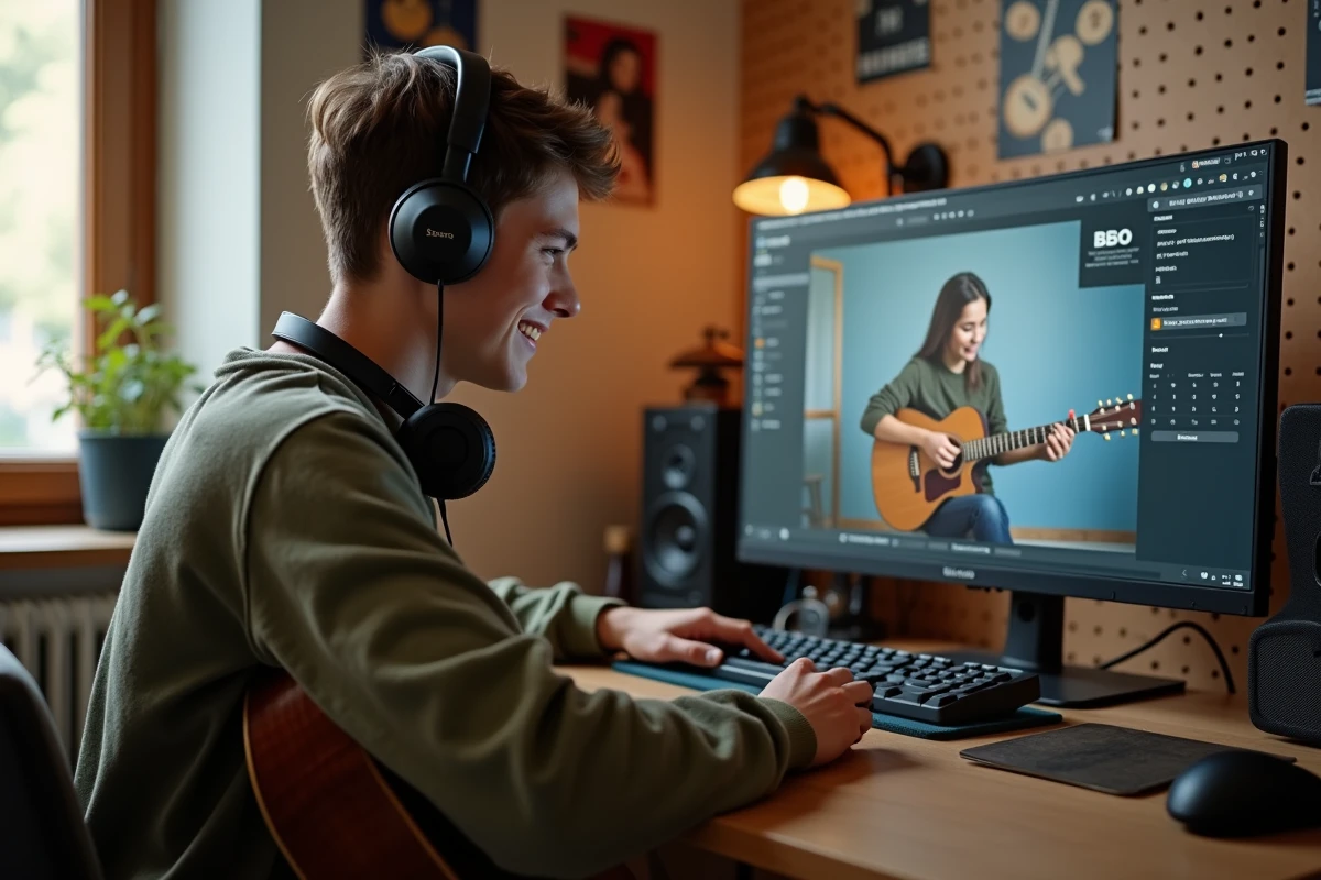 Adolescent souriant apprenant la guitare acoustique via un cours en ligne dans sa chambre