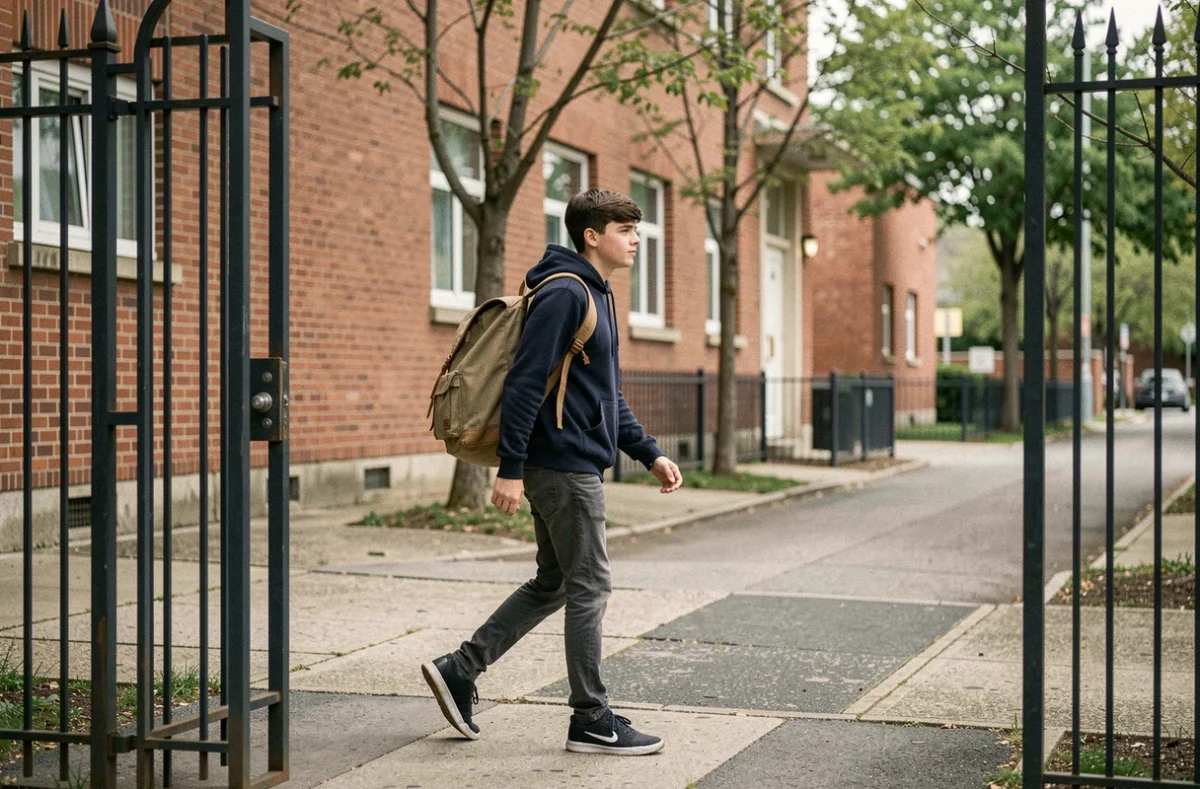 Adolescent partant de l'école avec un sac, vue candide dans une cour scolaire
