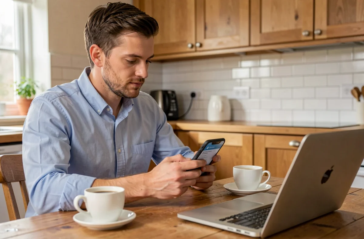Adulte accédant à l'espace numérique de travail ENT depuis son smartphone à la maison