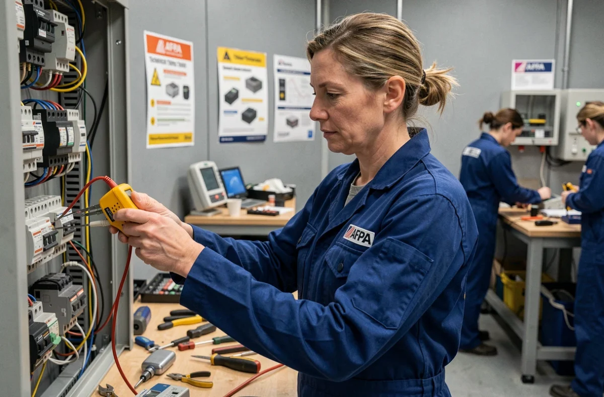 Stagiaire AFPA Metz en reconversion professionnelle analysant un tableau électrique avec un multimètre dans un atelier technique industriel
