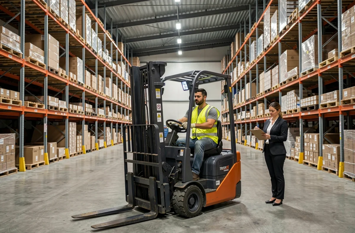 Stagiaire AFTRAL Metz en formation transport et logistique manœuvrant un chariot élévateur dans un entrepôt sous supervision d'une formatrice