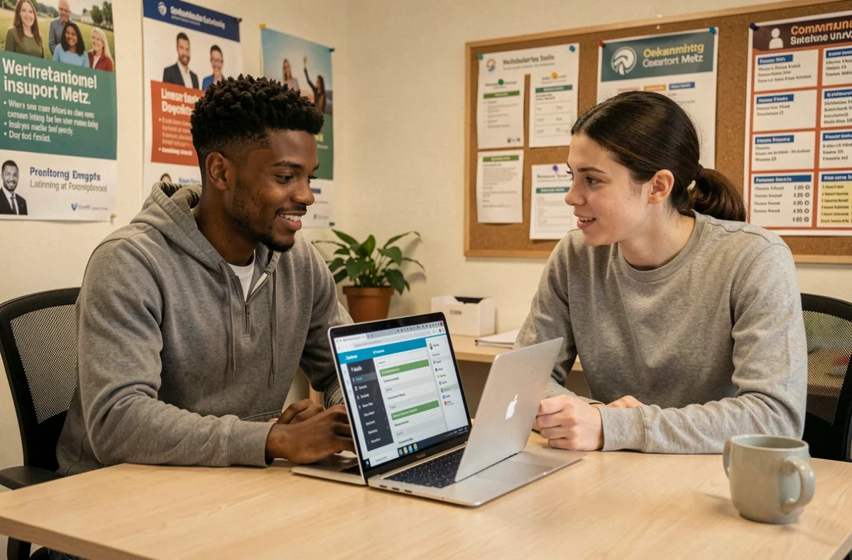 Jeune adulte bénéficiant d'un accompagnement ALAJI Metz vers l'insertion professionnelle et les compétences numériques avec un conseiller en orientation