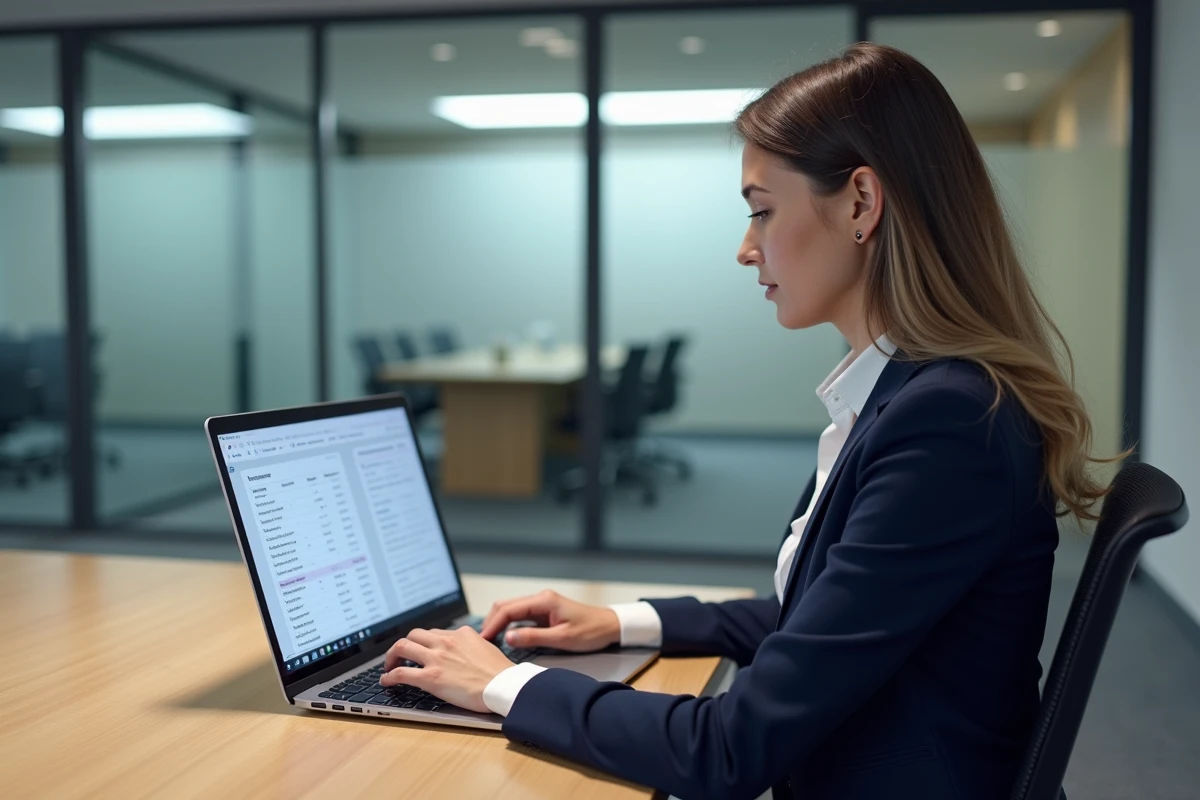Femme utilisant le logiciel Alcuin ESME sur ordinateur portable dans un bureau professionnel moderne en 2026