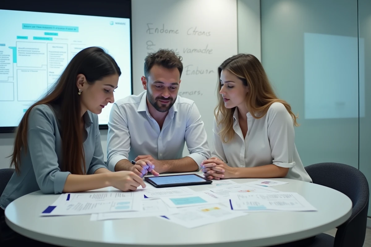 Équipe de collaborateurs discutant des nouvelles fonctionnalités d'Alcuin ESME 2026 lors d'une réunion de travail