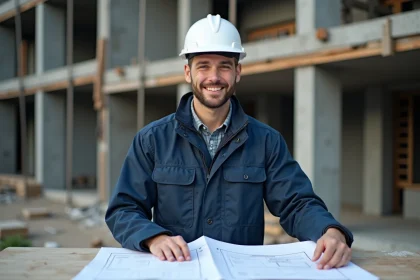Jeune alternant en BTP consultant des plans sur un chantier de construction lors de sa formation professionnelle en alternance