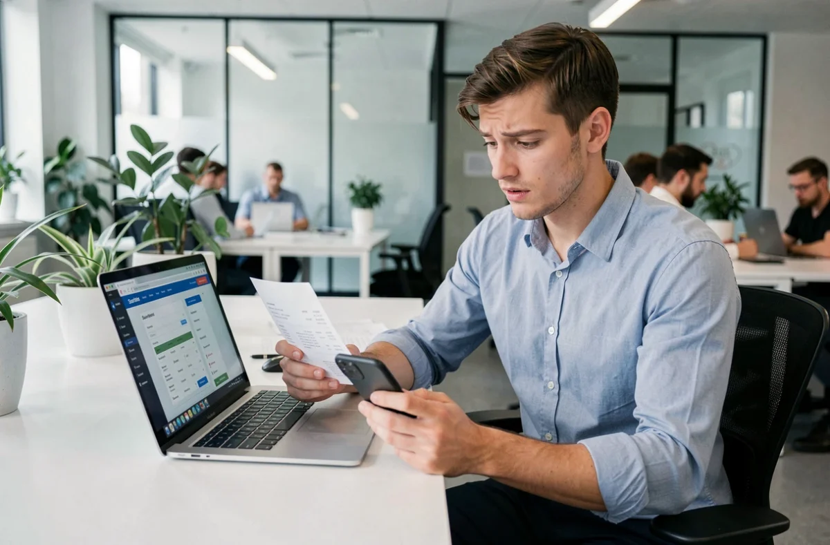Jeune alternant comparant des justificatifs de frais de formation dans un open space d'entreprise moderne