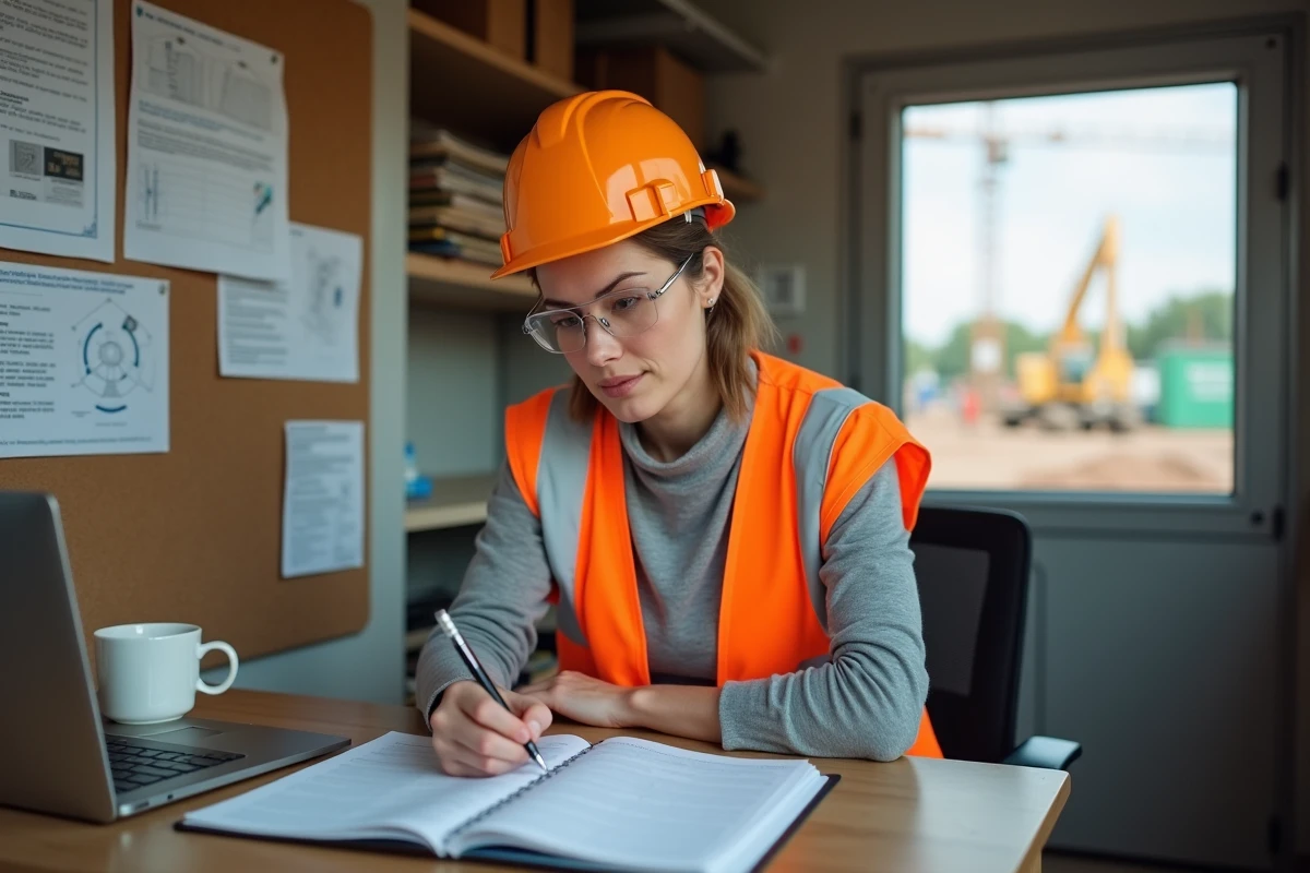 Femme en alternance BTP prenant des notes dans un bureau de chantier pour préparer sa certification professionnelle