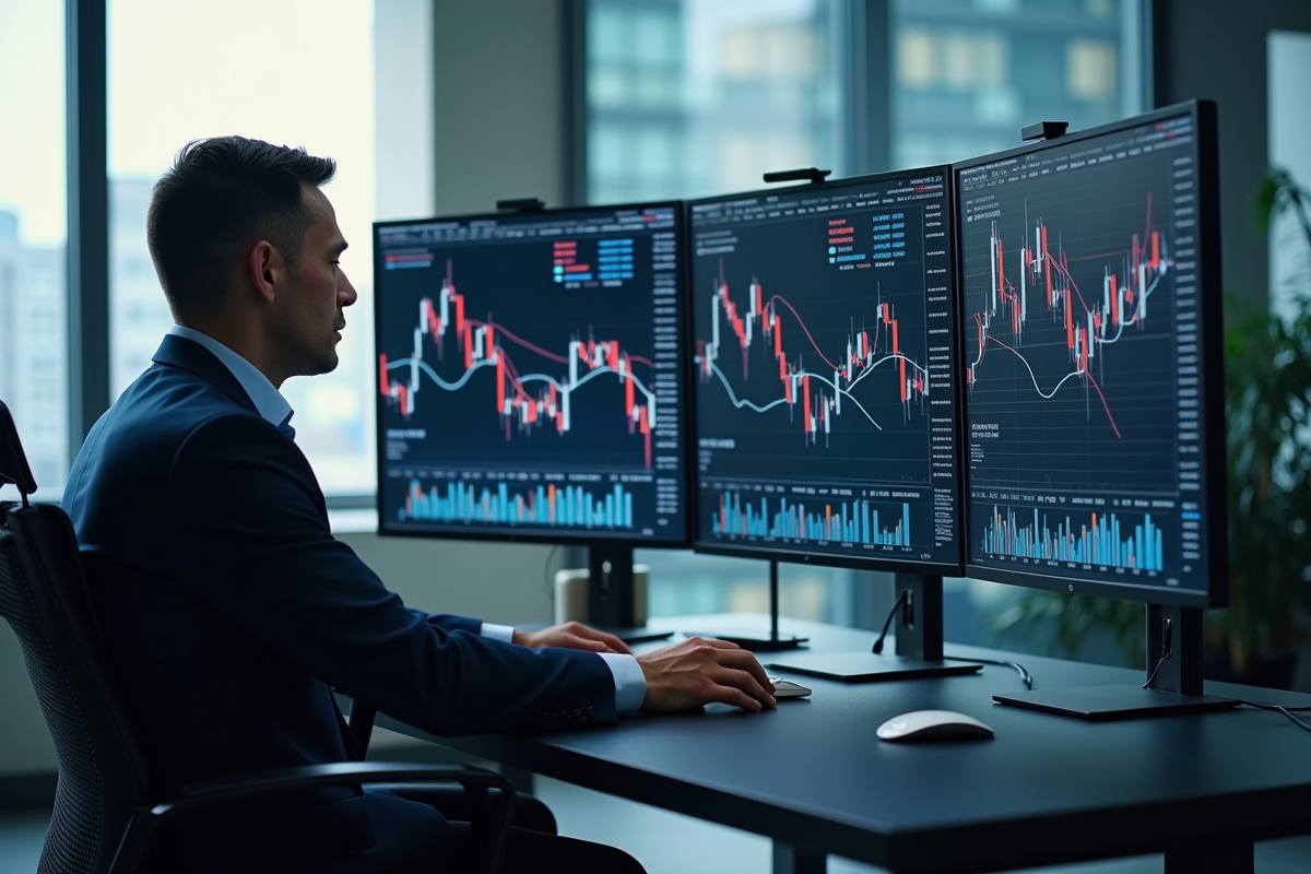 Professionnel financier analysant graphiques bourse et obligations