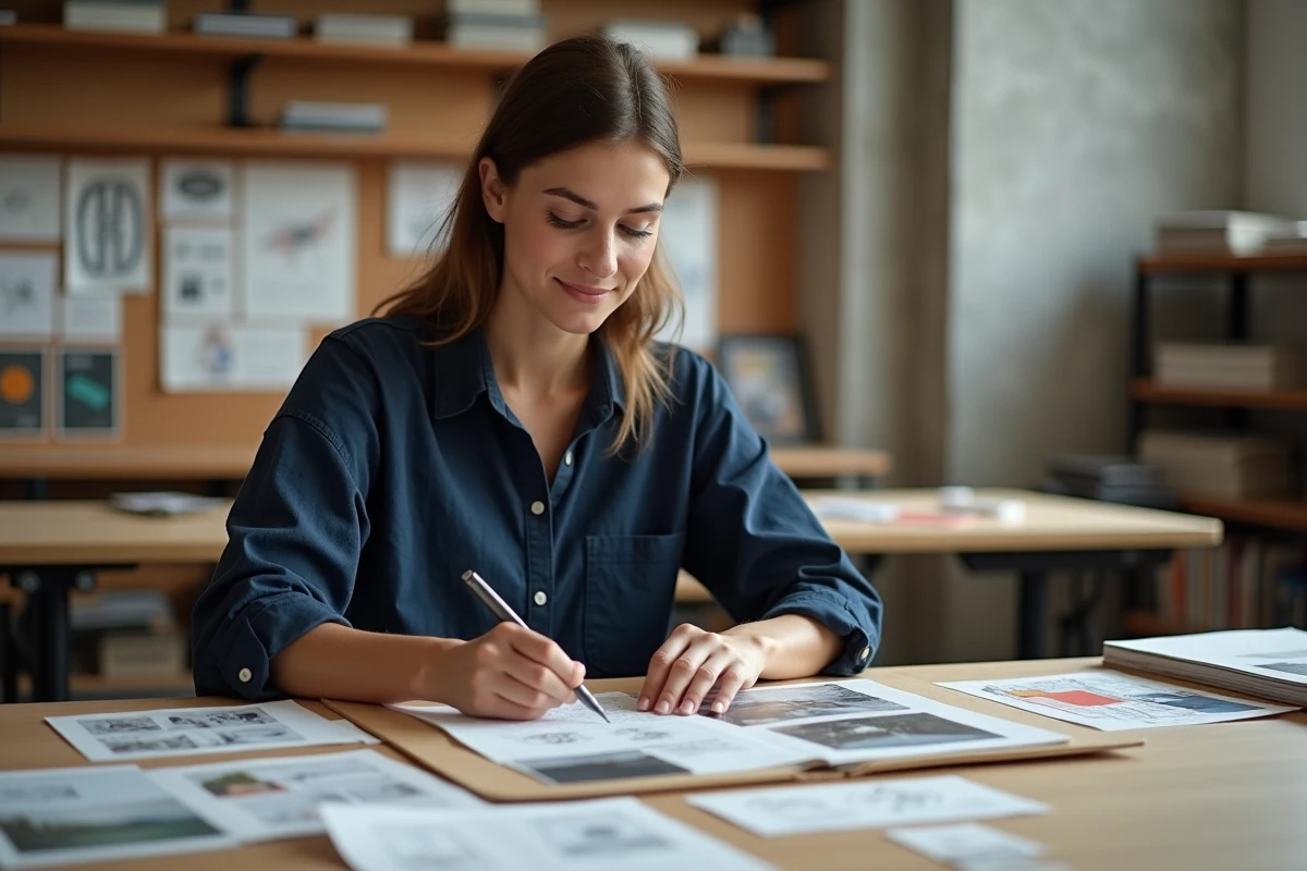 Ancienne élève de GOBELINS révisant son portfolio dans un studio de design pédagogique