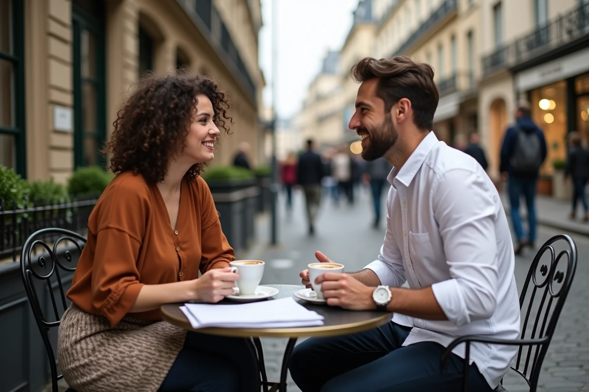 Deux anciens élèves de GOBELINS échangeant leurs témoignages autour d'un café en terrasse parisienne