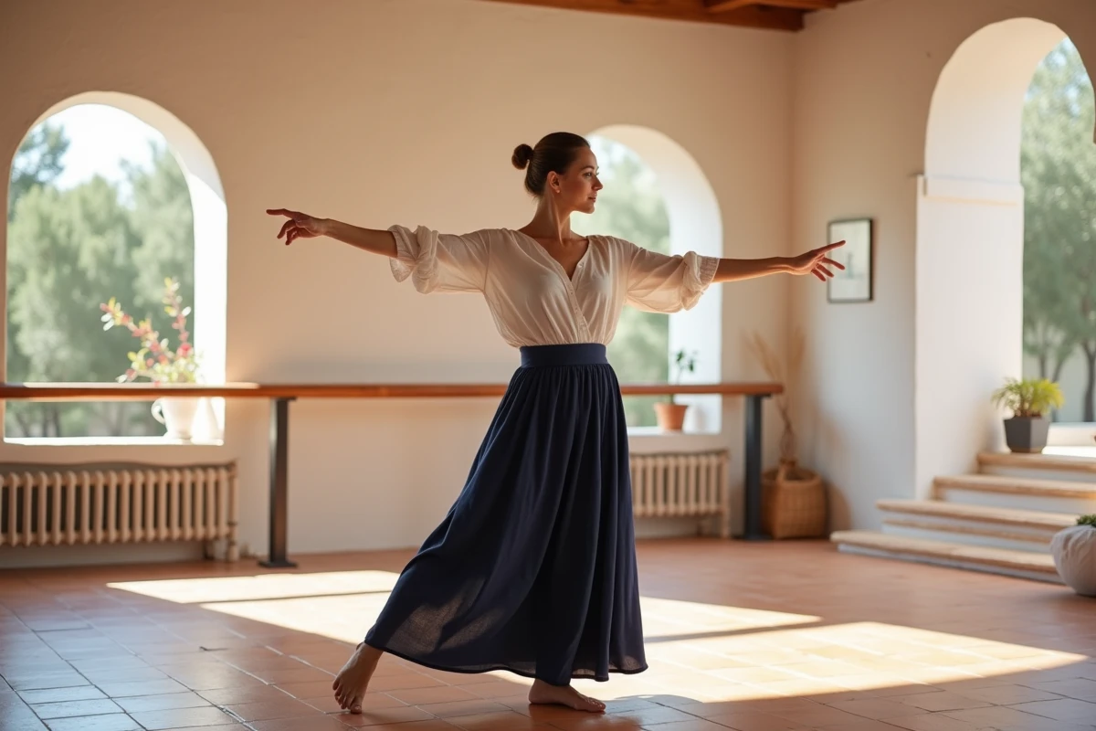 Femme française apprenant les bases du sirtaki dans un studio de danse méditerranéen aux murs blanchis à la chaux