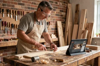 Artisan menuisier mesurant une planche en bois dans un atelier de bricolage avec des outils et une tablette affichant un tutoriel vidéo
