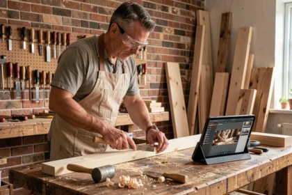 Artisan menuisier mesurant une planche en bois dans un atelier de bricolage avec des outils et une tablette affichant un tutoriel vidéo