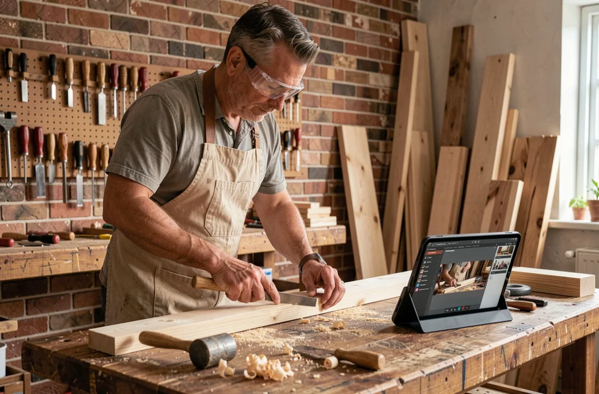 Artisan menuisier mesurant une planche en bois dans un atelier de bricolage avec des outils et une tablette affichant un tutoriel vidéo