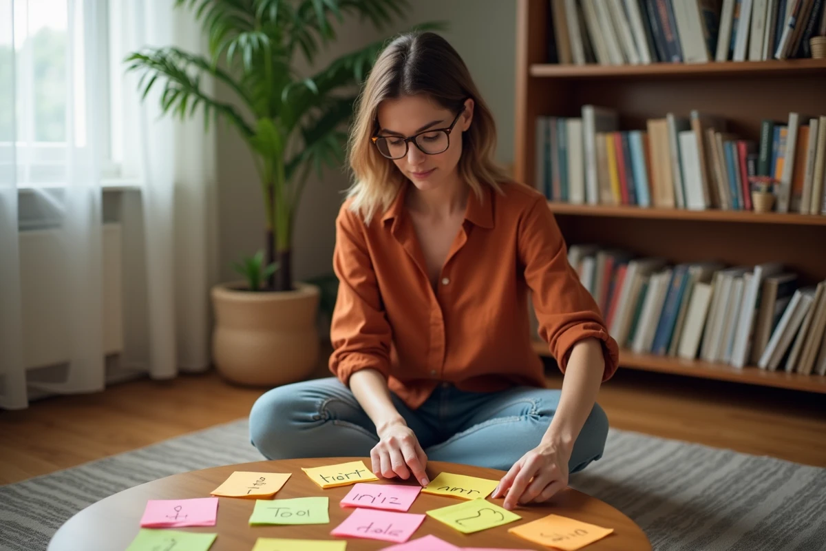 Femme apprenant le passé simple du verbe tener grâce à des mémos colorés sur une table basse dans un salon