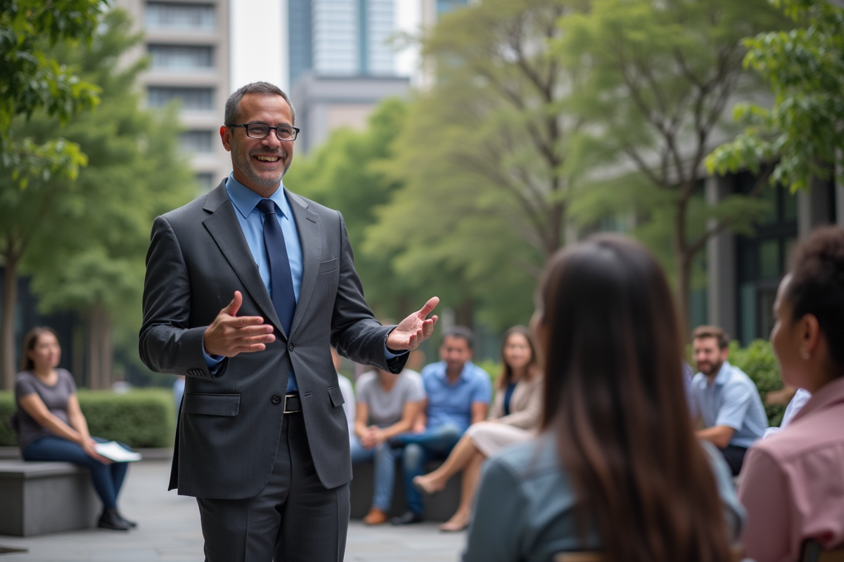 Homme menant un atelier en extérieur dans une cour urbaine