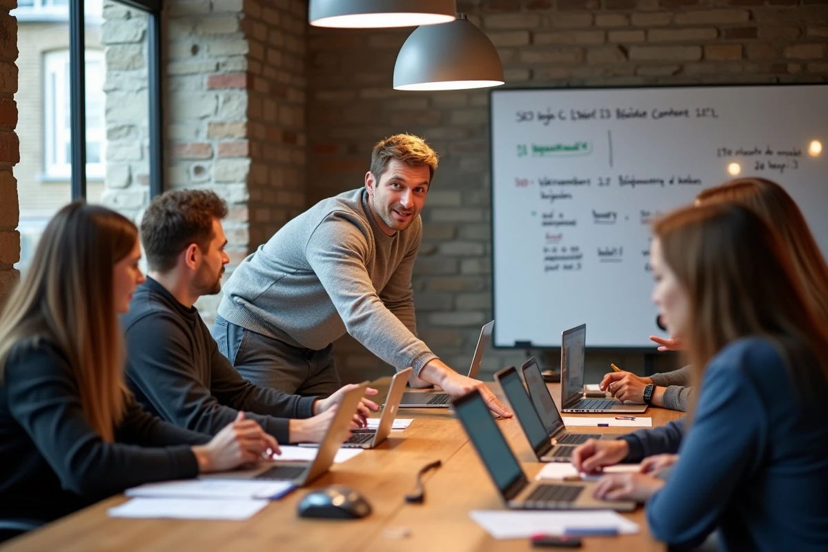 Atelier pratique digital en groupe lors d'une conférence professionnelle à Paris avec un animateur et des participants sur laptops