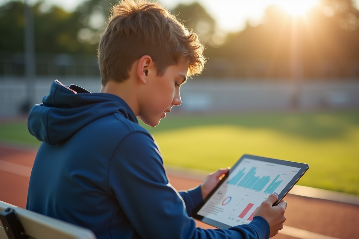 Jeune athlète analysant ses données de performance sur une tablette