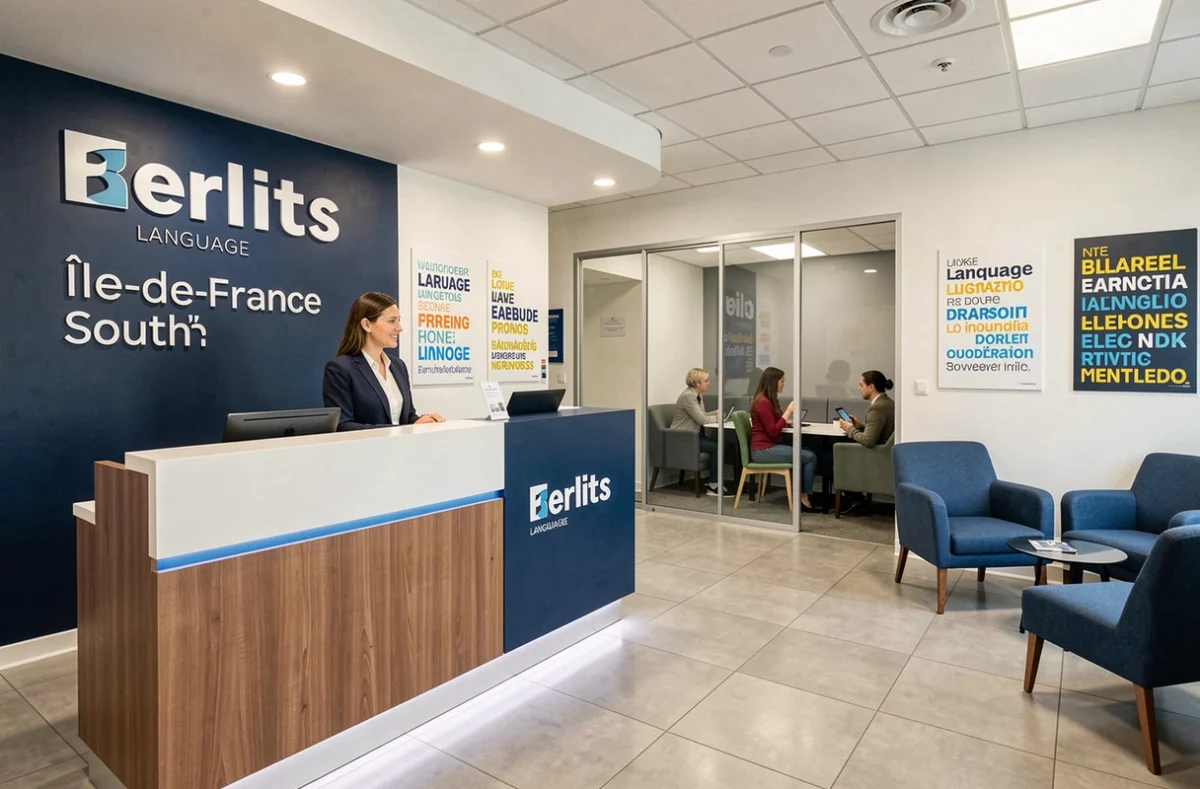 Accueil d'un centre Berlitz en Île-de-France Sud desservant l'Essonne, avec espace de formation en arrière-plan