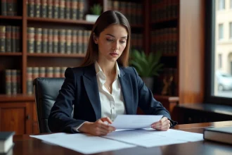 Jeune professionnelle du notariat consultant des documents pour obtenir une bourse et accélérer sa carrière juridique