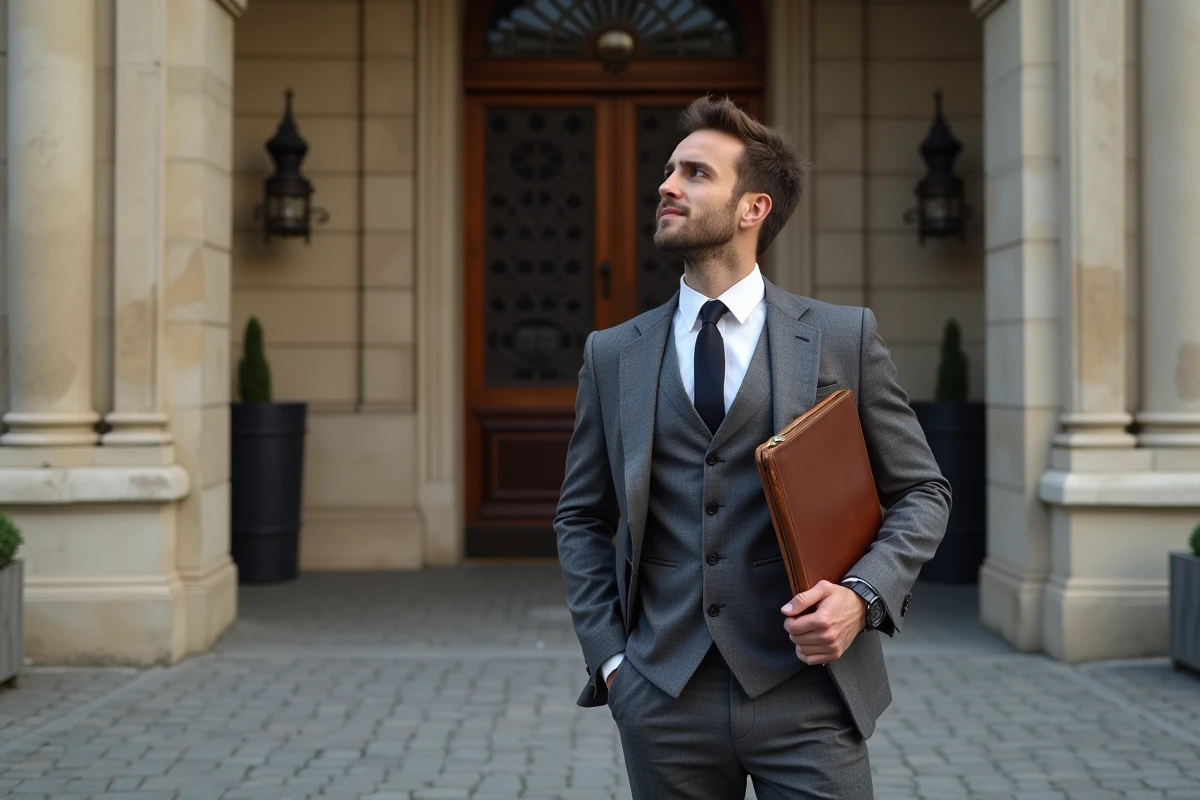 Notaire ambitieux devant une institution notariale française avec portfolio, illustrant l'accès à une bourse pour carrière