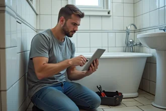 Homme apprenant à réparer une fuite de plomberie grâce à un tutoriel en ligne sur tablette, atelier bricolage pratique à domicile