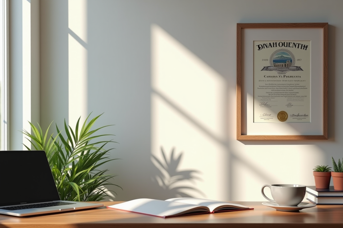 Espace de travail avec diplôme universitaire et ordinateur sur un bureau ensoleille