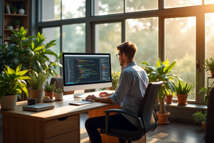 Bureau moderne avec développeur concentré sur son ordinateur