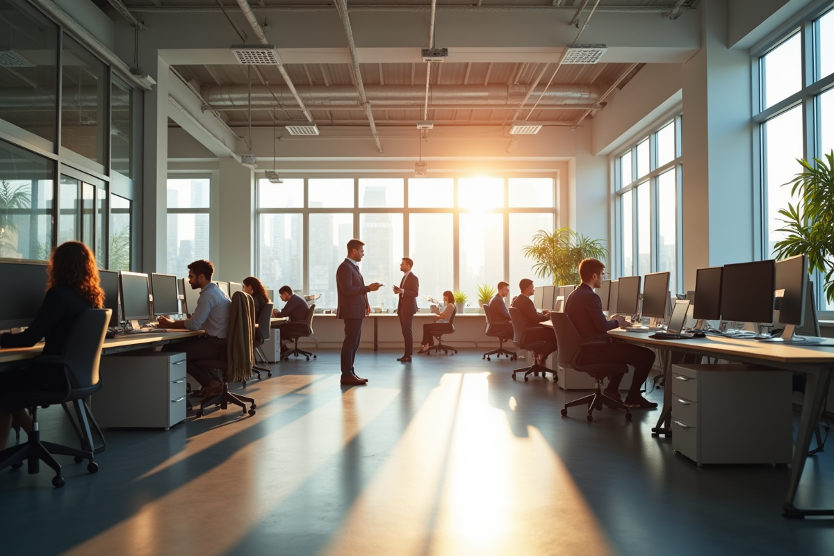 Espace de bureau moderne et lumineux avec professionnels collaborant