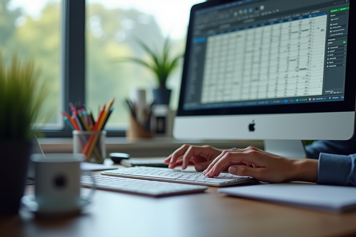 Bureau organisé avec ordinateur et clavier en gros plan