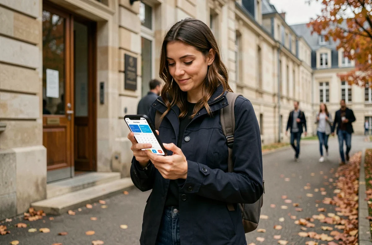 Femme consultant son ENT personnalisé de Le Mans Université sur smartphone devant le campus