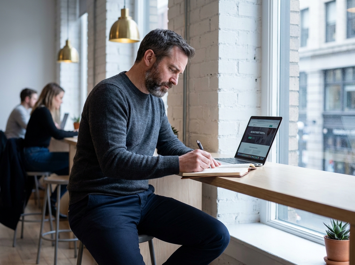 Candidat réfléchissant à une offre d'emploi et à la marque employeur d'une entreprise dans un espace de coworking