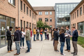 Vue d'ensemble d'un campus de formation professionnelle en Moselle avec des étudiants adultes et des formateurs devant des bâtiments éducatifs régionaux