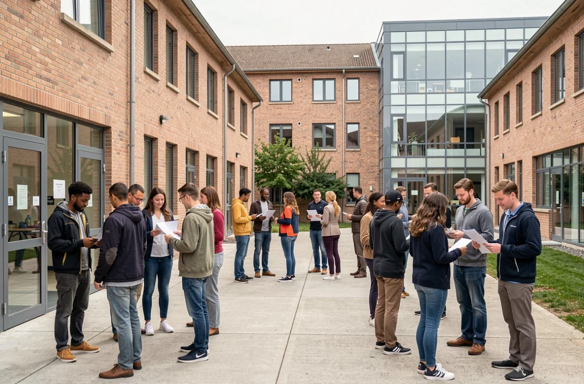 Vue d'ensemble d'un campus de formation professionnelle en Moselle avec des étudiants adultes et des formateurs devant des bâtiments éducatifs régionaux
