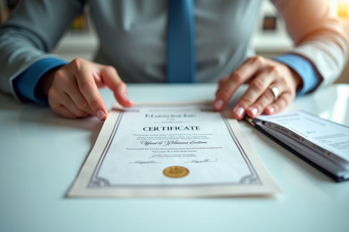 Mains tenant un certificat officiel avec sceau embossé et signature