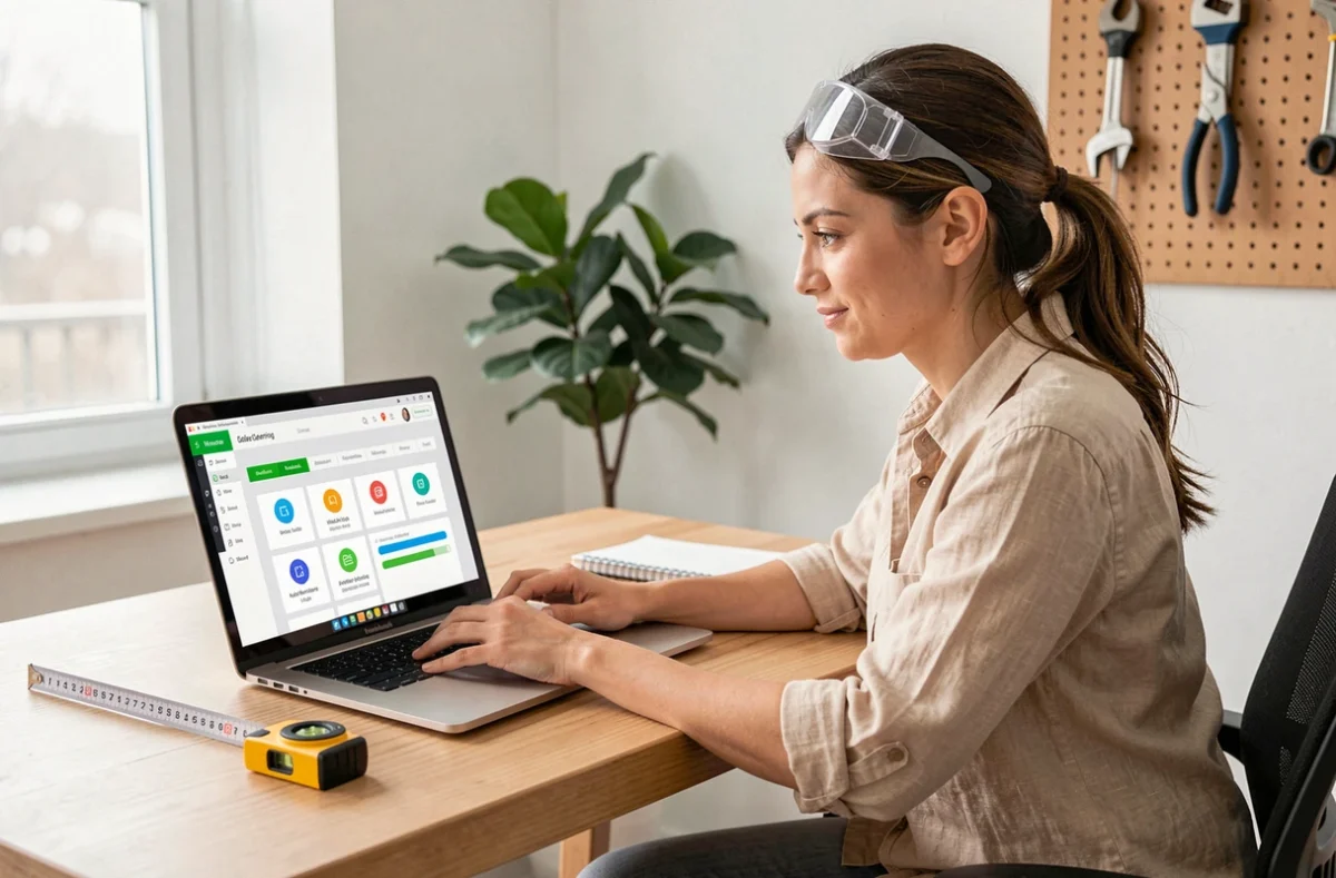 Femme suivant un module de certification bricolage en ligne depuis son bureau à domicile avec des outils