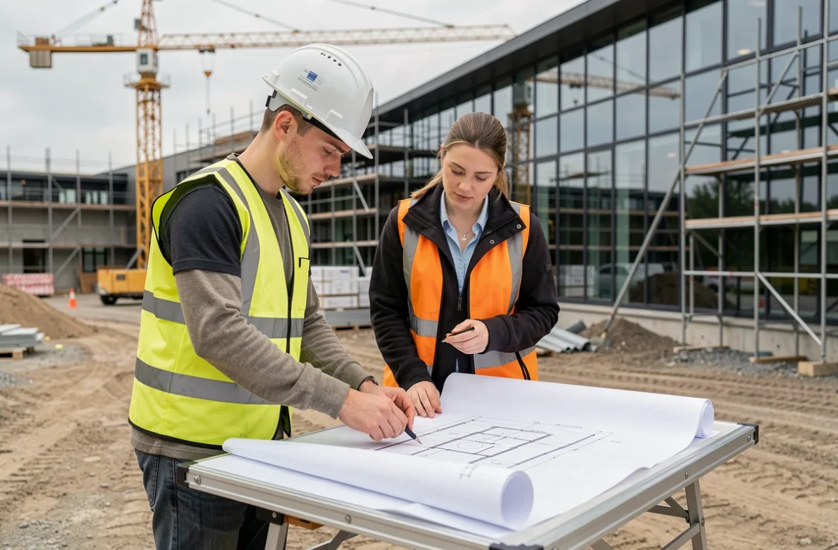 Étudiant ingénieur CESI Metz en alternance examinant des plans techniques avec une superviseure sur un chantier adjacent au campus de formation