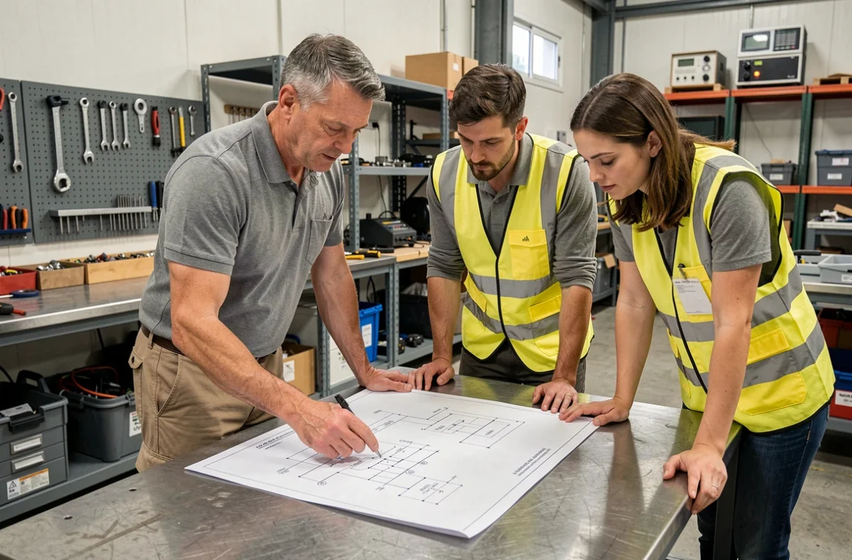 Formateur de CFC Technic Poitiers expliquant des schémas techniques à deux stagiaires dans un atelier de formation industrielle