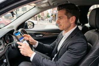 Chauffeur VTC professionnel en blazer noir consultant l'application Uber sur son smartphone monté dans une berline noire en milieu urbain
