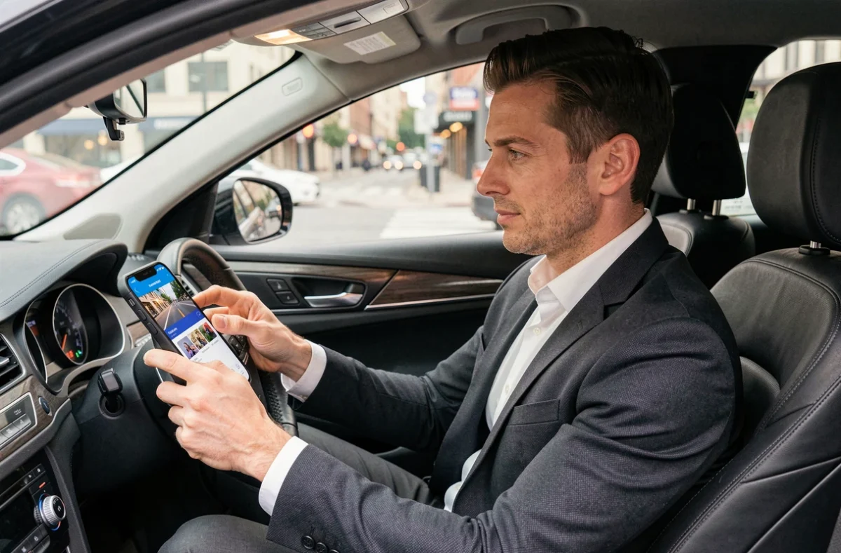 Chauffeur VTC professionnel en blazer noir consultant l'application Uber sur son smartphone monté dans une berline noire en milieu urbain