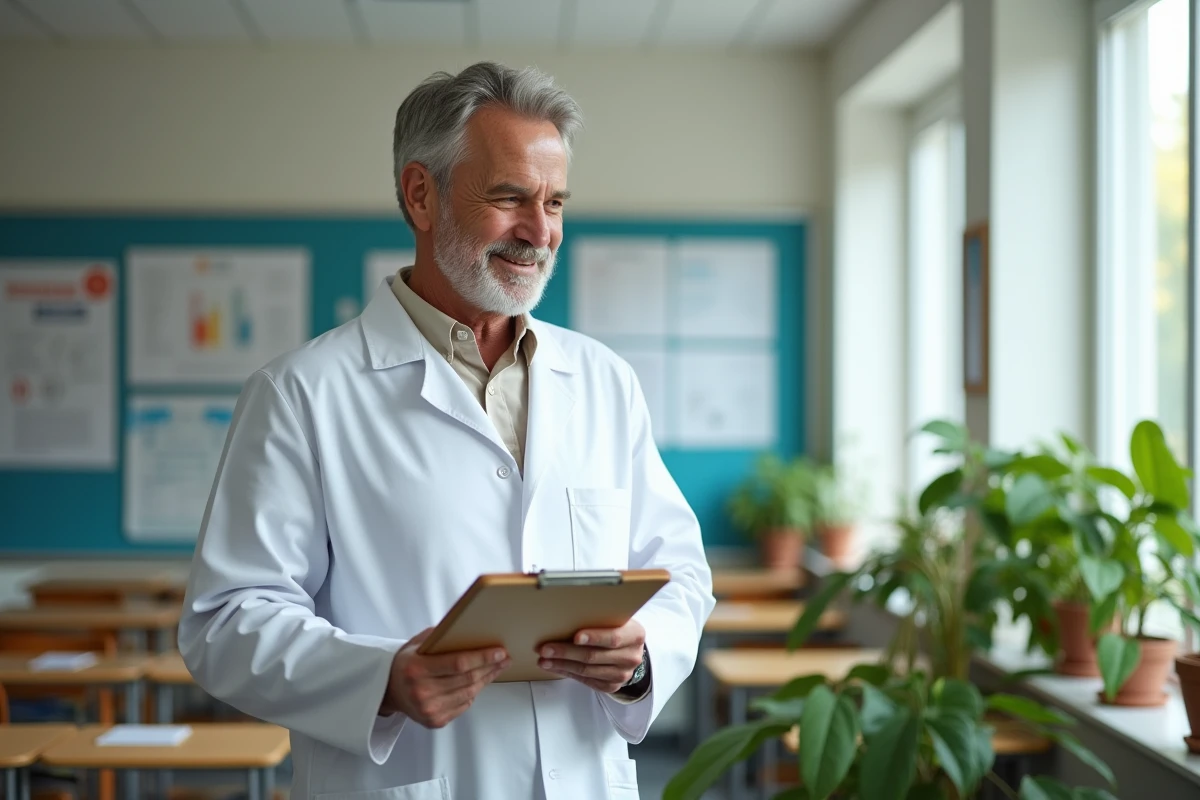 Chercheur en blouse blanche observant une plante en classe