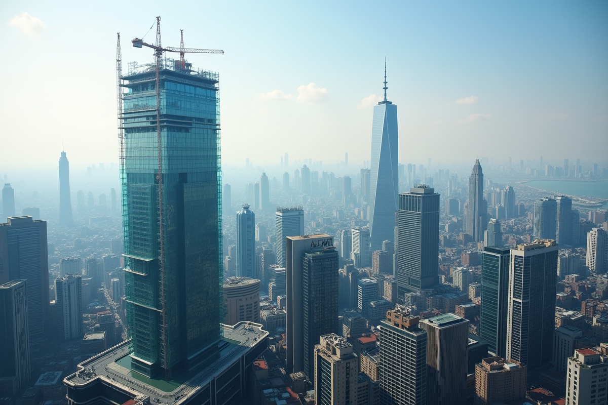Paysage urbain moderne avec gratte-ciel et bâtiment futuriste en construction