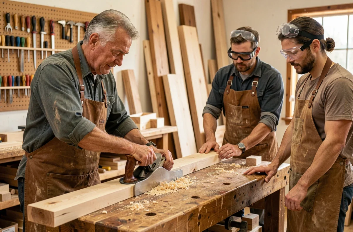Formateur artisan CMA Formation Moselle enseignant une technique de menuiserie traditionnelle à des apprentis dans un atelier artisanal équipé
