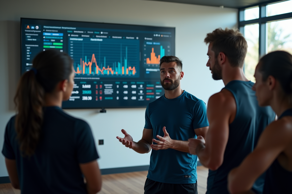 Entraîneur discutant des statistiques avec des athlètes dans une salle de sport