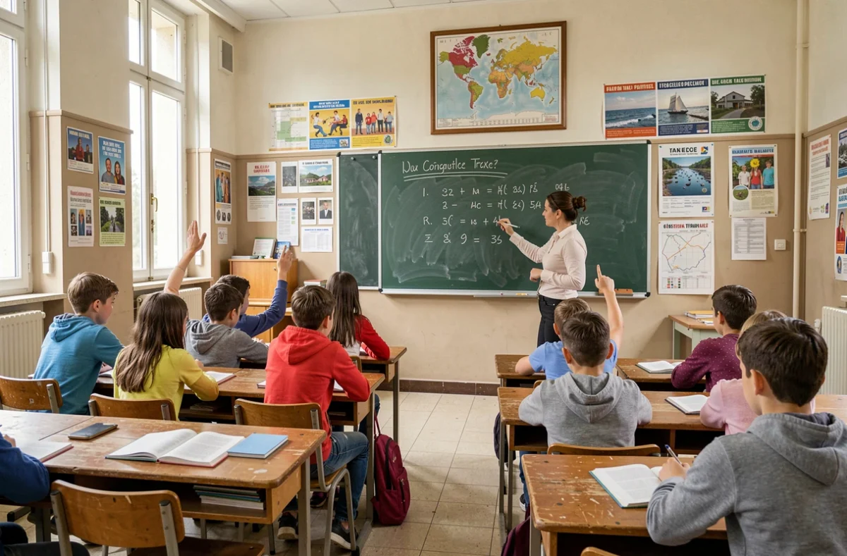 Cours de langue au Collège Moreau avec une enseignante au tableau devant une classe d'élèves attentifs