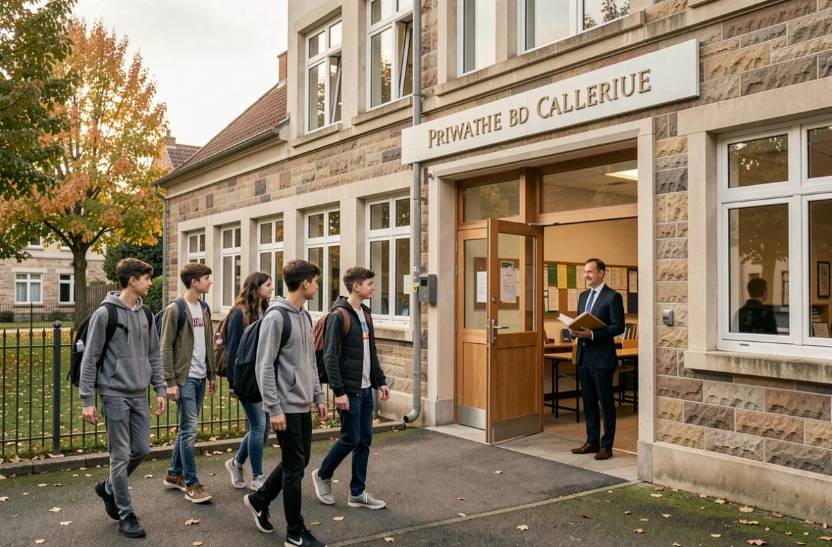 Façade et cour du Collège Privé Beth Rivkah à Yerres, avec élèves et enseignant dans un cadre scolaire calme