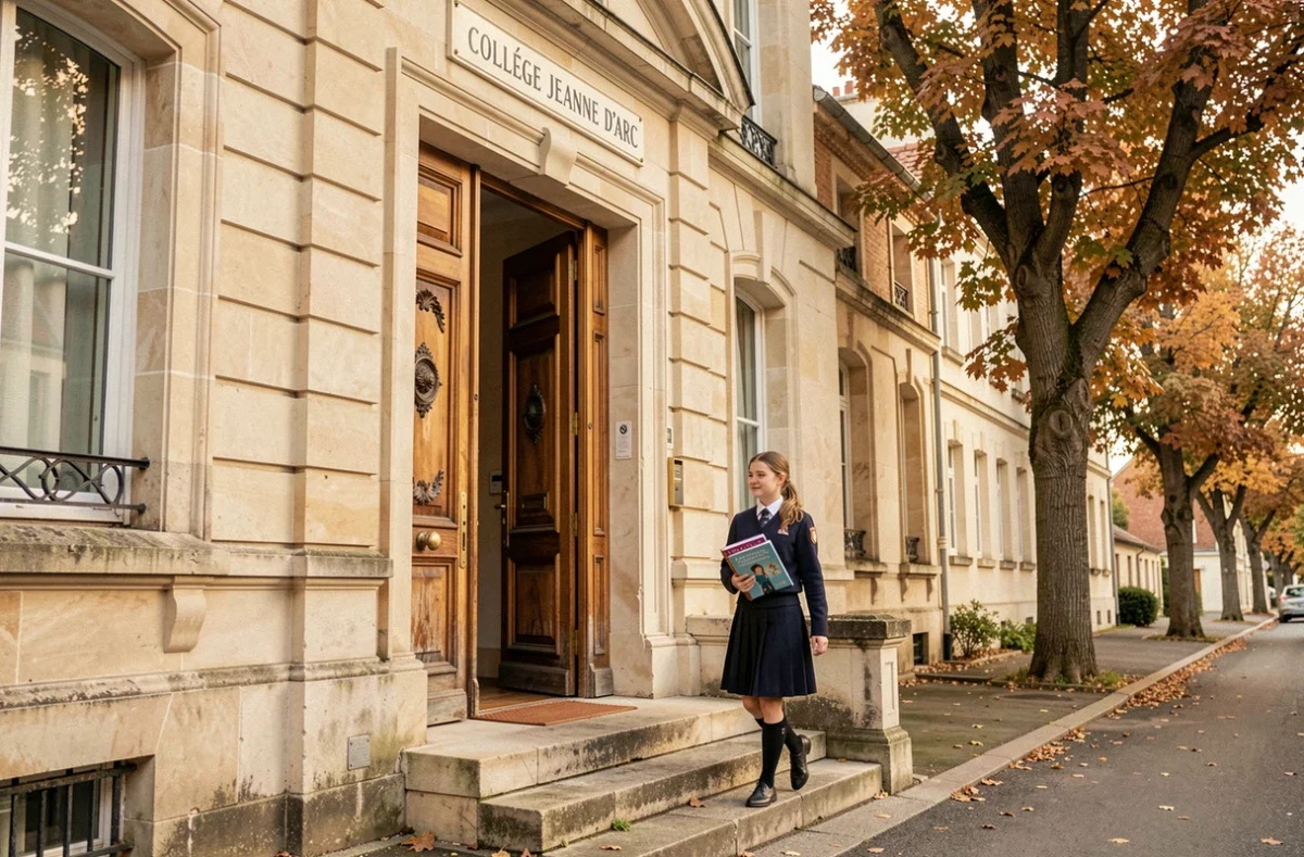 Façade du Collège Privé Jeanne d'Arc à Étampes avec une élève montant les marches d'entrée, cadre scolaire traditionnel