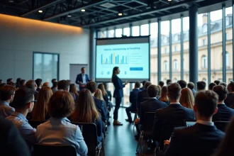 Conférence digitale professionnelle à Paris avec une présentatrice devant un écran de projection dans une salle moderne